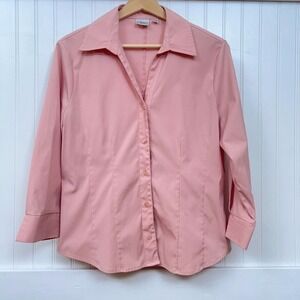 Cleo Women's Shirt Pink Barbiecore Balletcore Button Up 3/4 Sleeve Office Work M